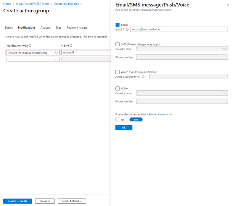 Configure notification type for action group