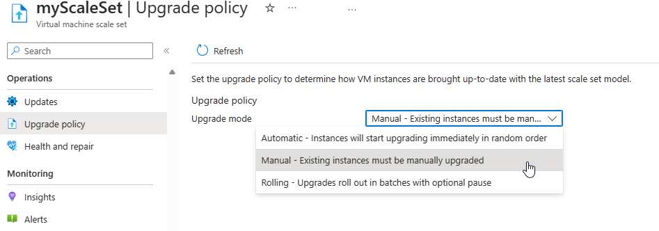 Screenshot showing changing the upgrade policy and enabling MaxSurge in the Azure portal.