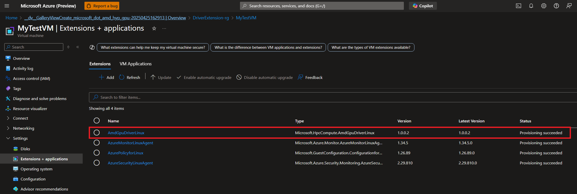 Screenshot that shows the new extension in the list of extensions for the V M.