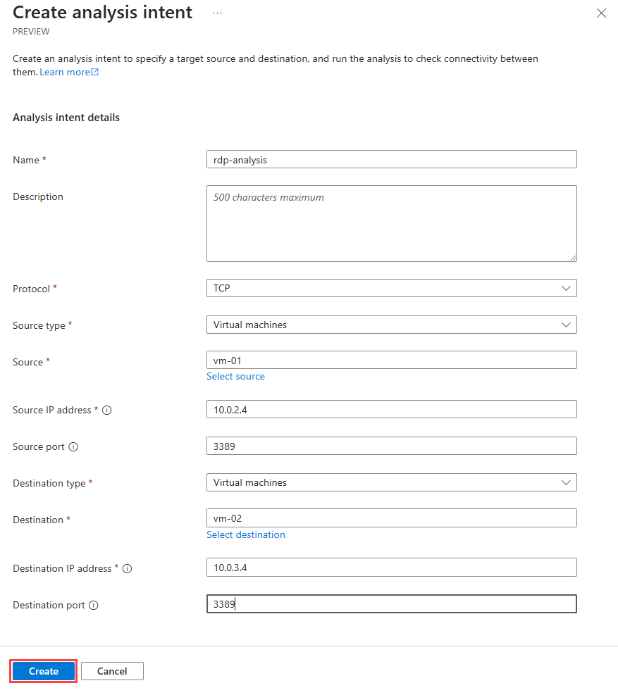 Screenshot of Create analysis intent window with settings and values.