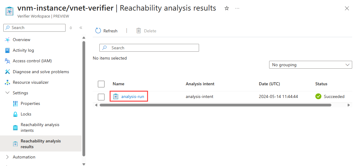 Screenshot of Reachability analysis intent windows showing analysis intent run to view.