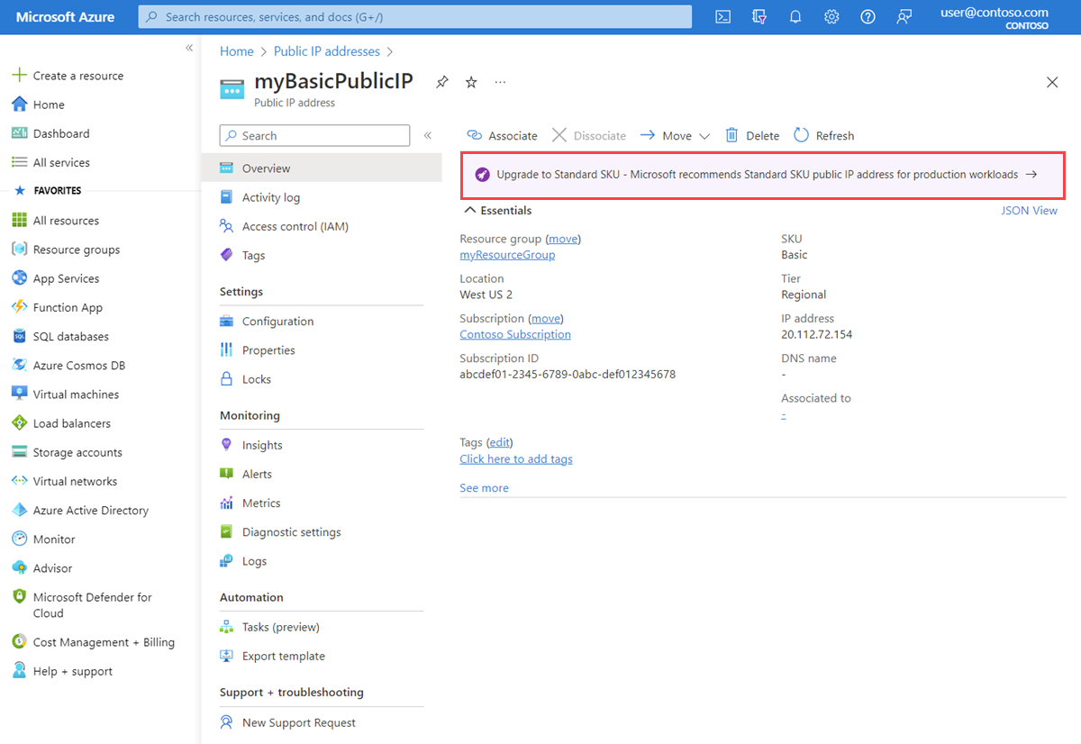 Screenshot showing the upgrade banner in Azure portal used to upgrade basic IP address.