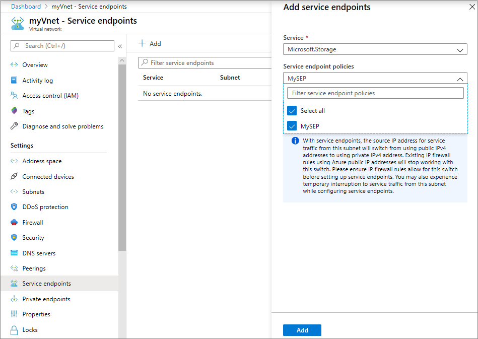 Associate subnet while creating service endpoint