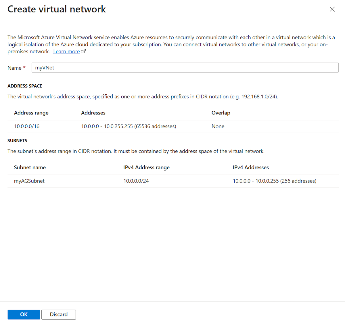 Screenshot of Create new application gateway: Create virtual network.