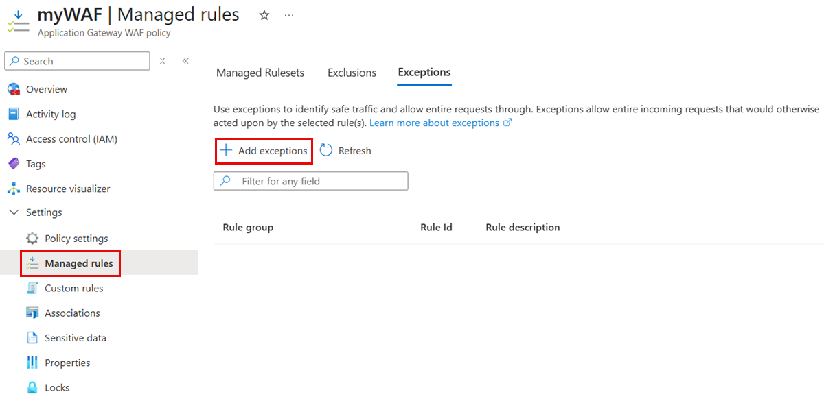 Screenshot that shows how to add exceptions in a WAF policy in the Azure portal.