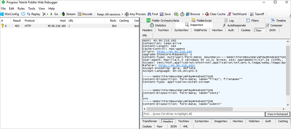 Screenshot of the Progress Telerik Fiddler Web Debugger. In the Raw tab, 1 = 1 is visible after the name text1.