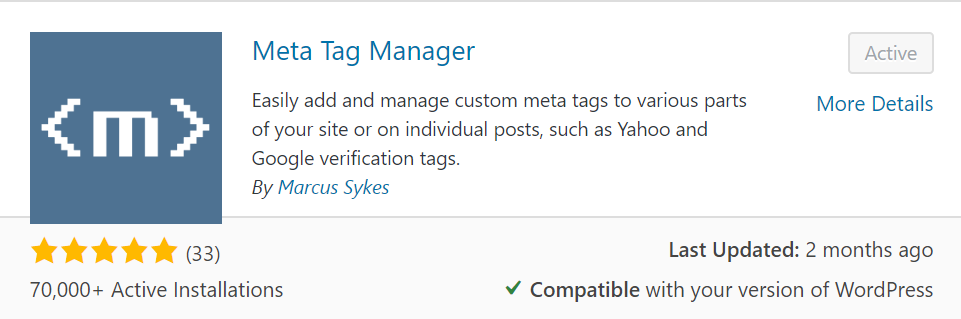 Image of Meta Tag Manager Plugin listing