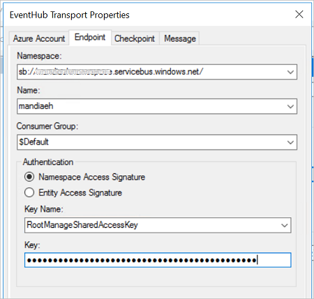 Sample namespace, name, consumer group, and authentication properties in the Event Hub adapter receive location endpoint properties in BizTalk Server