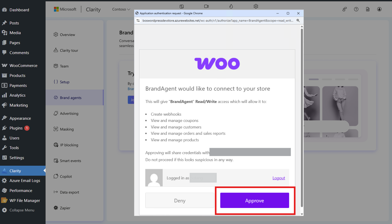 Approve WooCommerce permissions for Brand agents.