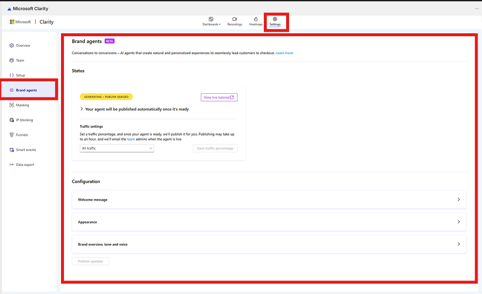 Brand agents settings page showing status and configuration.