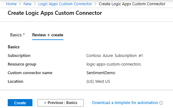 Reviewing the Logic Apps custom connector.