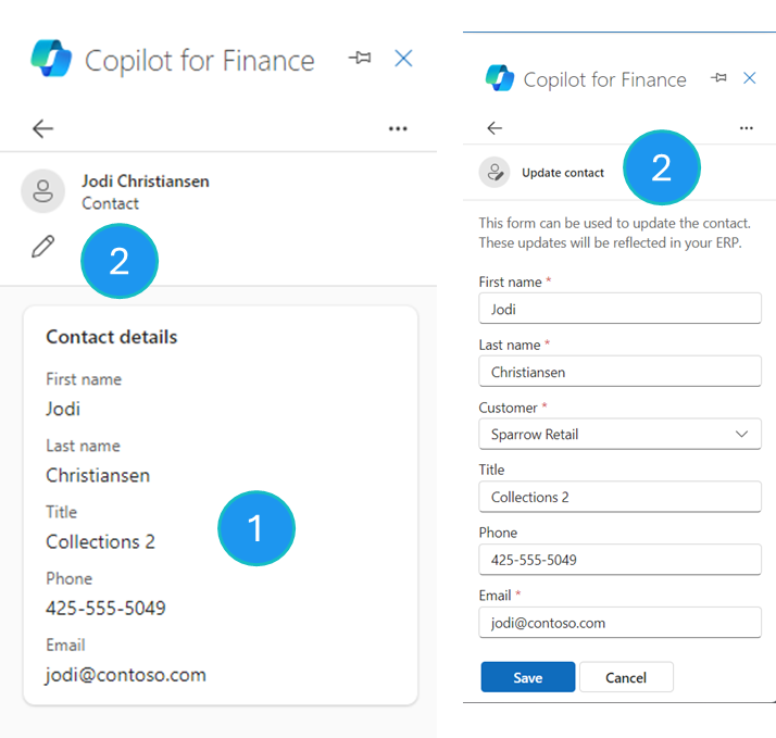 Screenshot of the contact details features in Finance Agent in Microsoft 365 Outlook.