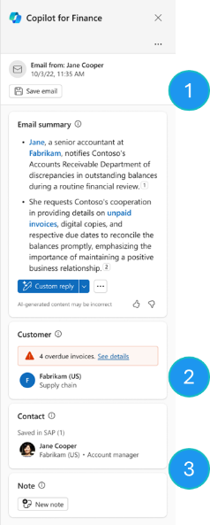Screenshot of Finance Agent in Microsoft 365 Outlook with the three sections highlighted.