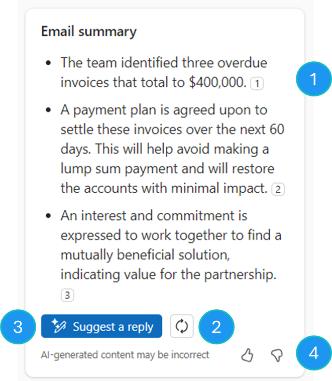 Screenshot that shows an example of Finance Agent in Microsoft 365 Outlook email summary with the components highlighted.
