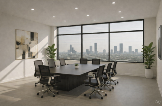 AI-generated image of an empty conference with a window view of a city skyline. In the bottom right corner is a watermark that is the Copilot icon.