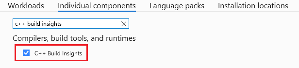 Screenshot of the Visual Studio Installer. The search box contains C++ Build Insights. The item C++ Build Insights is visible and selected.