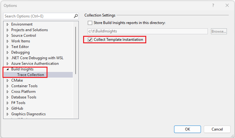 Screenshot of the project property pages dialog. The settings are open to Build Insights > Trace Collection. The Collect Template Instantiation checkbox is selected.