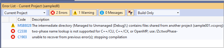 Compiler and MSBuild errors in Error List Screenshot showing compiler and MSBuild errors in Error List.