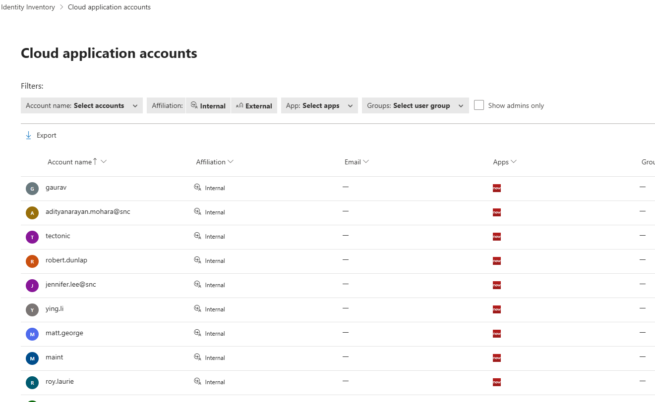 Screenshot of the Cloud application accounts tab showing account details, filters, and available actions.