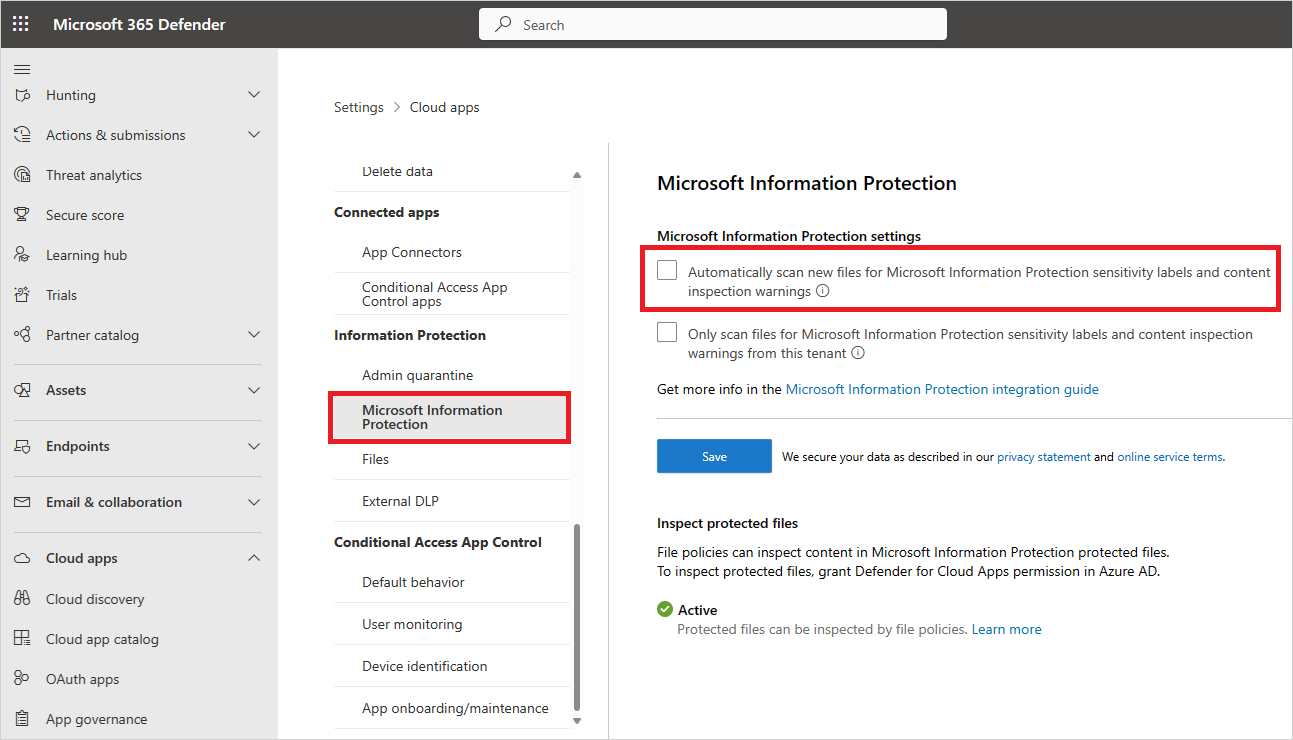 Screenshot of the Microsoft Information Protection settings page with the automatic scan option enabled.