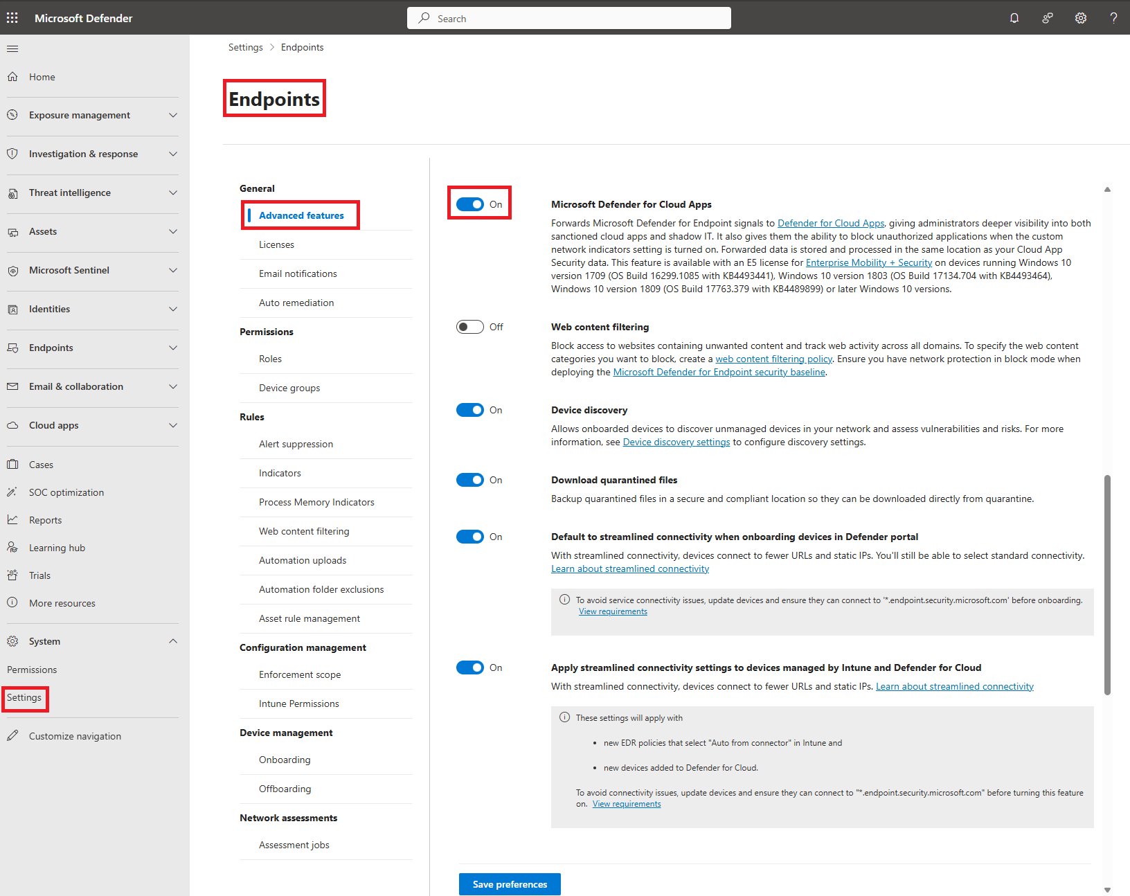 Screenshot of the Defender for Endpoint Advanced features settings page with the Microsoft Defender for Cloud Apps toggle enabled.