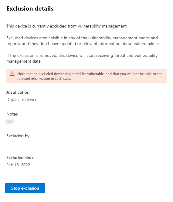 Screenshot showing exclusion details with option to stop exclusion.