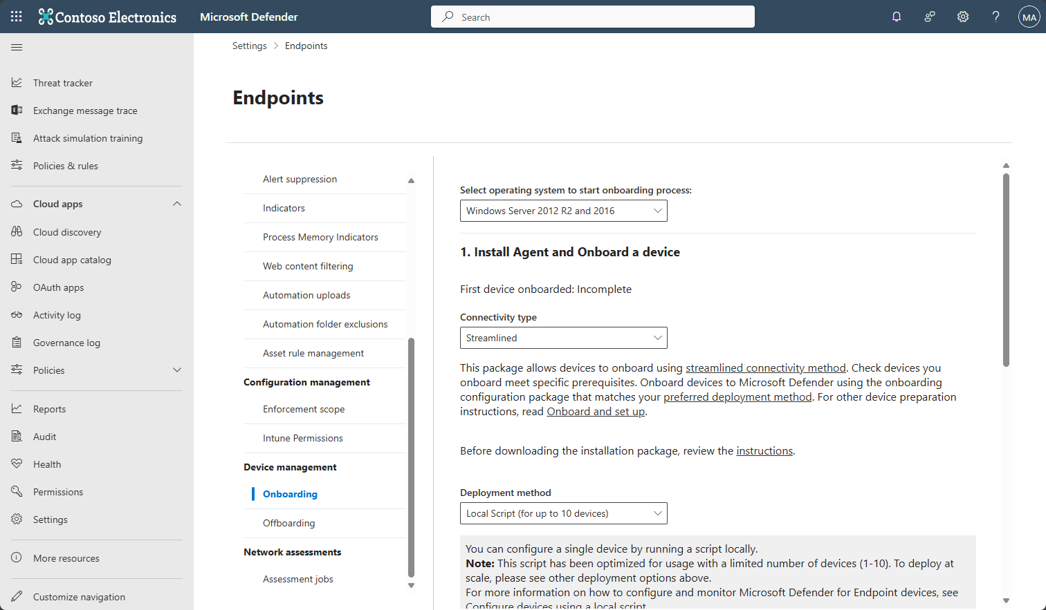 Screenshot showing the device onboarding page in Defender for Endpoint.
