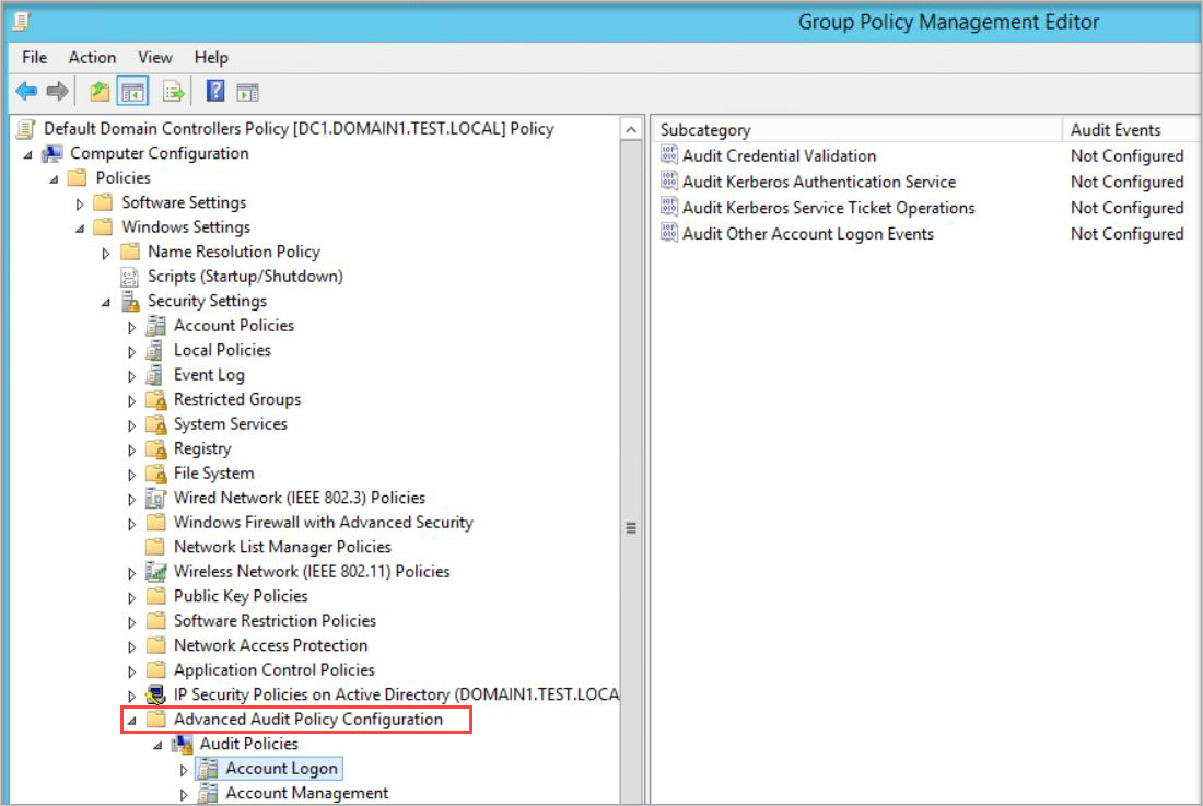 Screenshot of selections for opening an audit policy.
