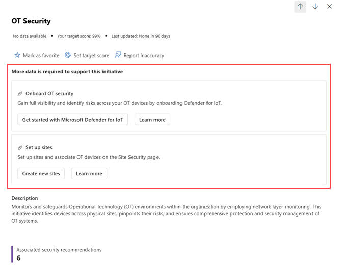 Screenshot showing the **More data is required to support this initiative** section in Microsoft Defender for IoT in the Microsoft Defender portal.