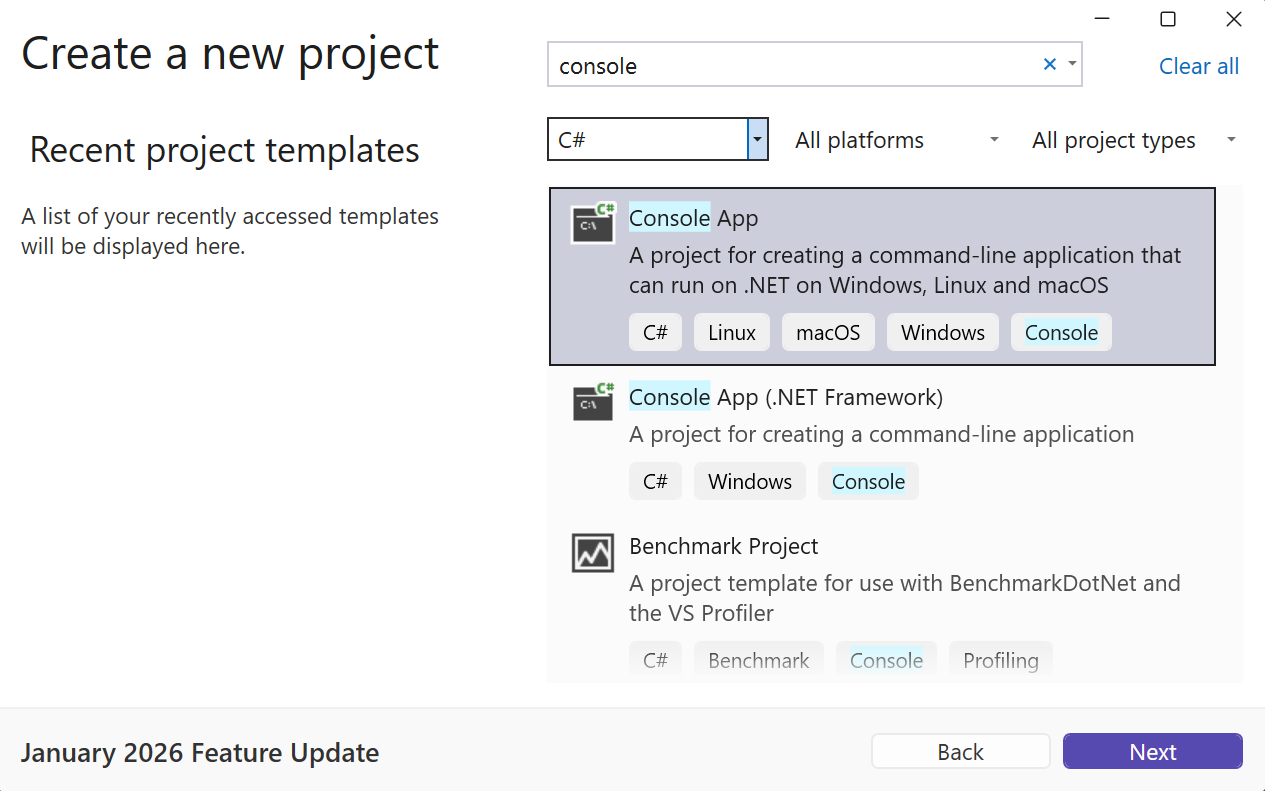 Create a new project window with filters selected