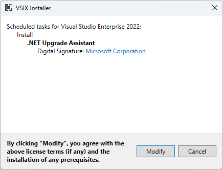 A prompt to install the .NET Upgrade Assistant extension.