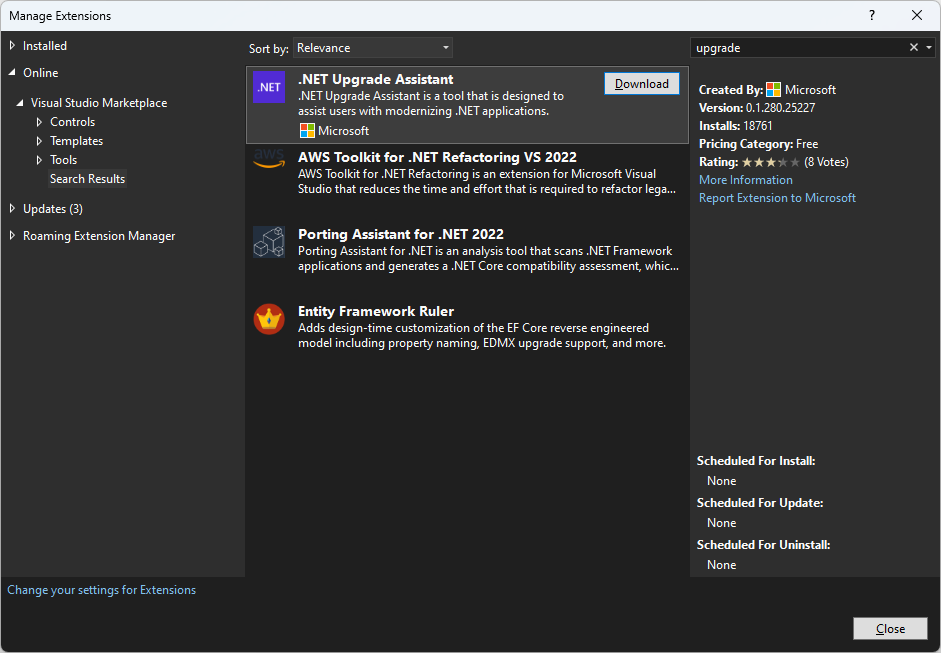 The manage extensions window in Visual Studio, showing the .NET Upgrade Assistant.