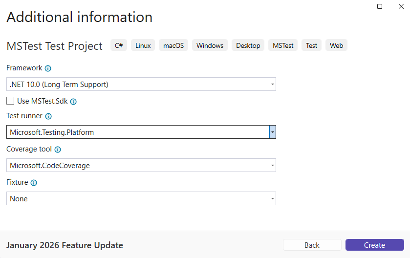 Enter additional information for the MSTest Test Project