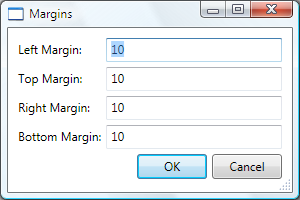 A Margins dialog box with fields to define left margin, top margin, right margin, and bottom margin.