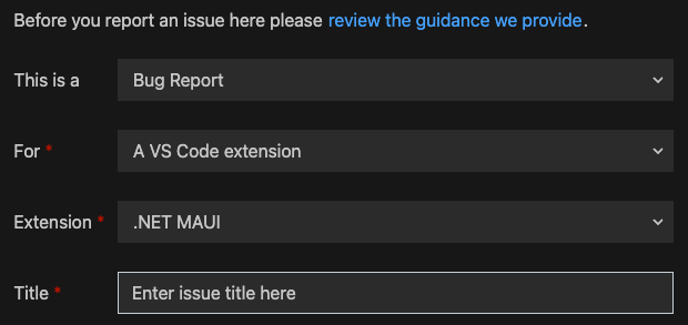 Picture of the report issue dialog in Visual Studio Code