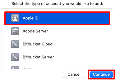 Xcode select the type of account you'd like to add popup.