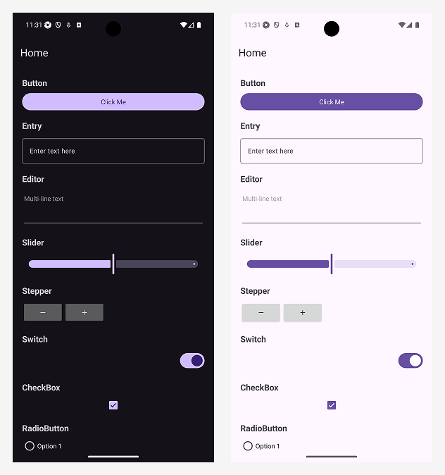 Dark and light control samples for the Material 3 design system in .NET MAUI.