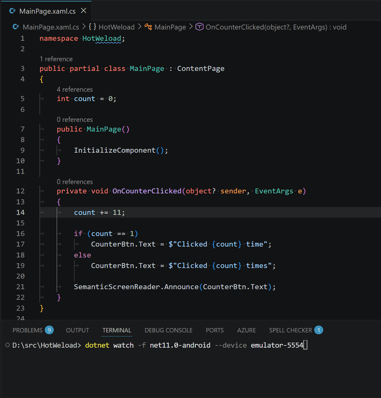 GIF of dotnet watch on Windows for Android.
