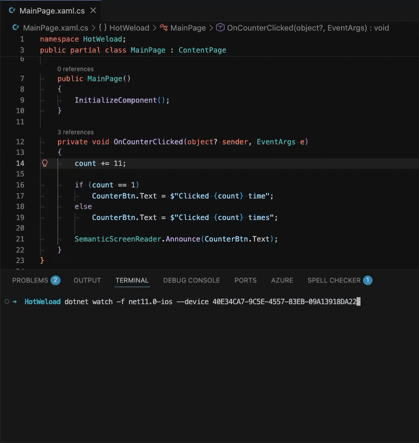 GIF of dotnet watch on macOS for iOS.