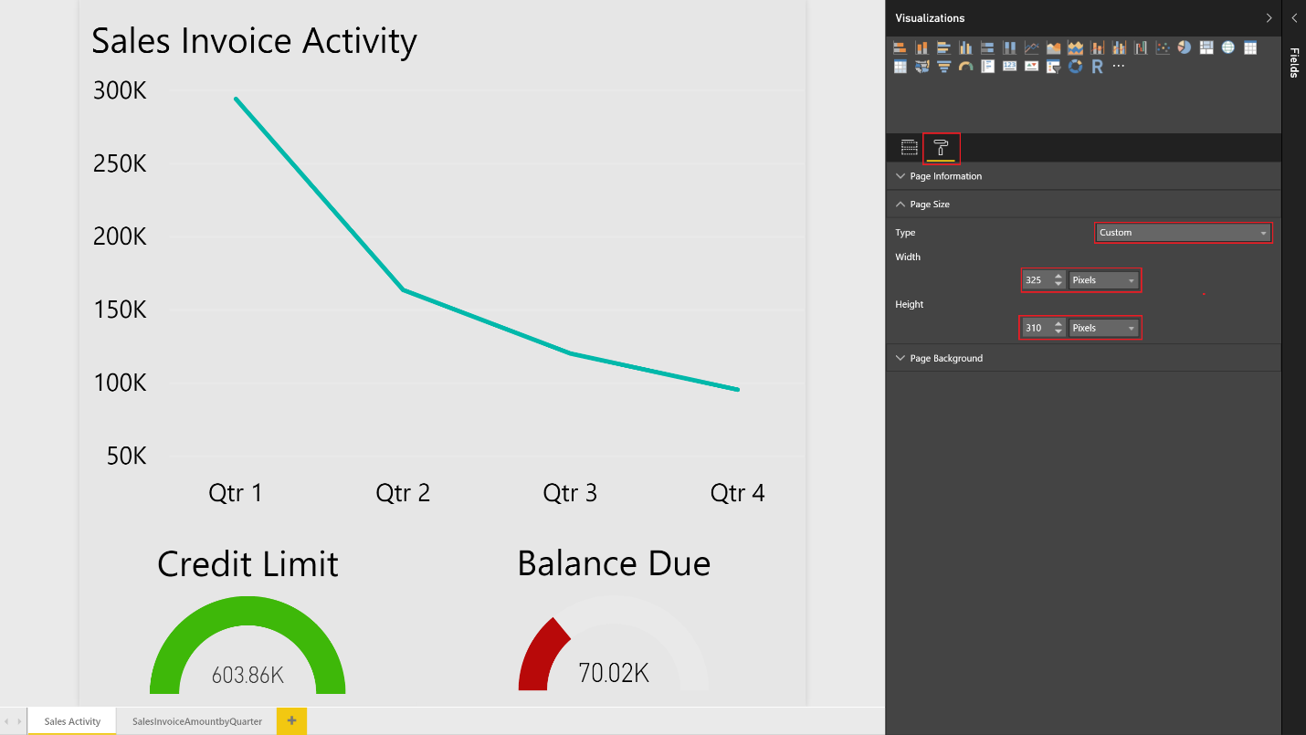 Setting the report width and height for the Sales Invoice Activity report
