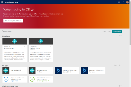Dynamics 365 home portal displaying Business Central tiles