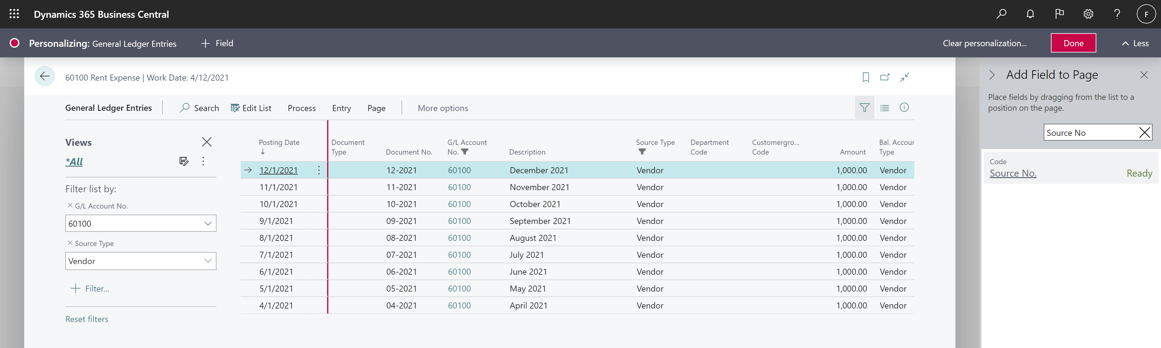 Shows Source Type and Source No. fields added through personalization to General Ledger Entries.