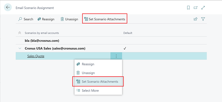 Shows new Set Scenario Attachments action in Email Scenario Assignment page.
