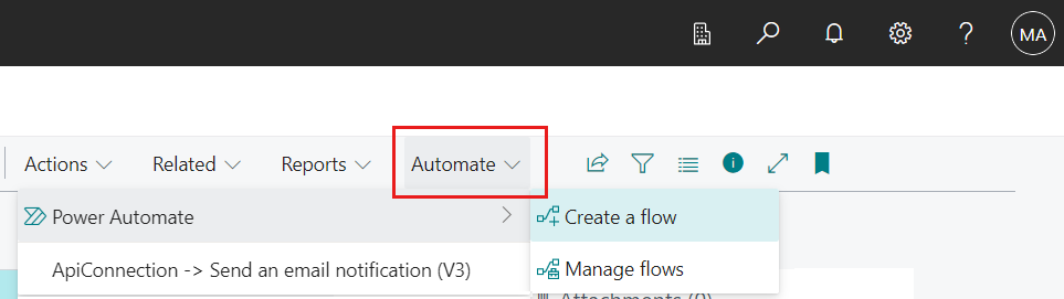 Shows the Automate action in the action bar with expanded actions.