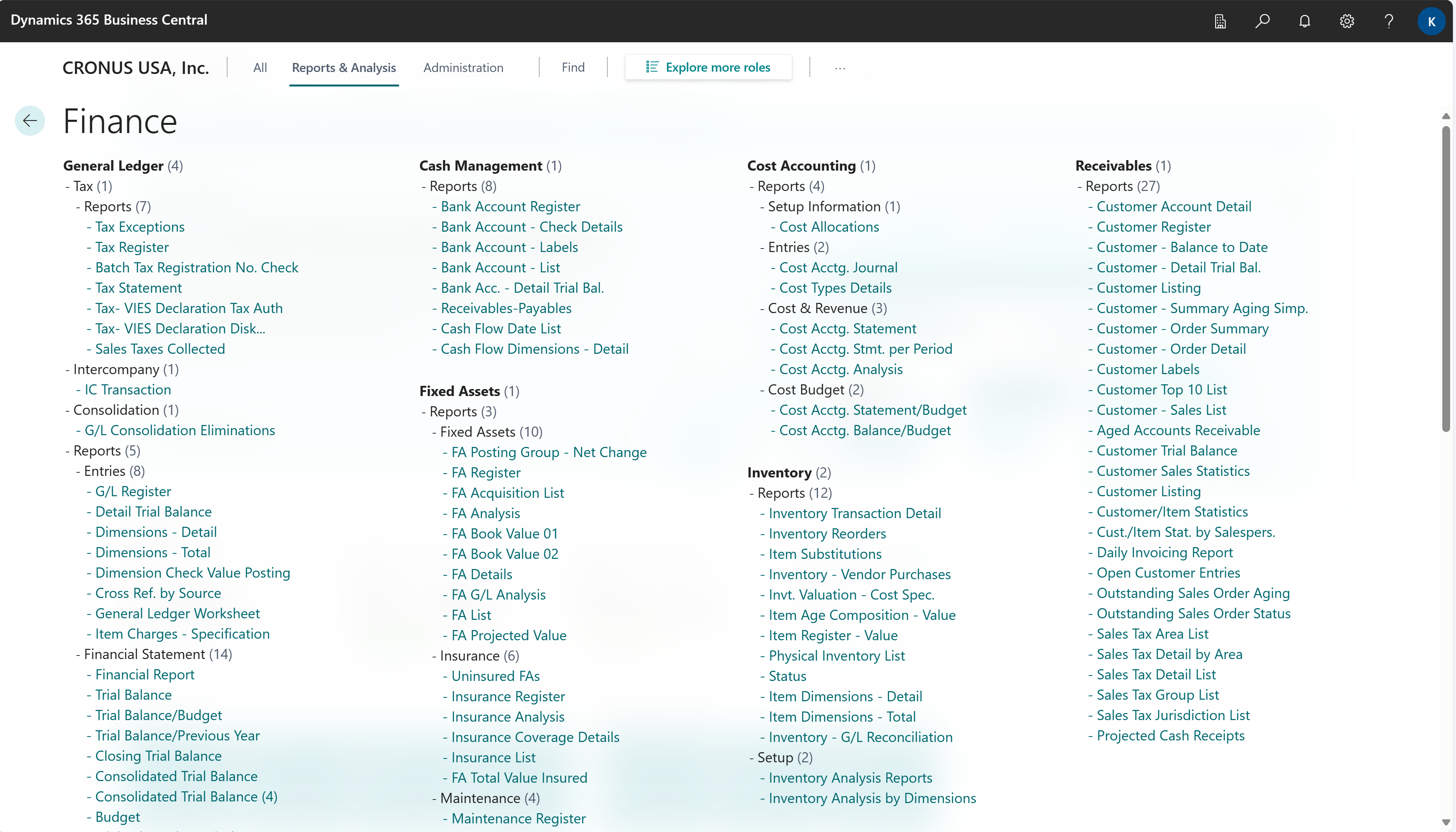 Example of reports on the finance role centre