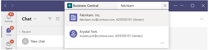 Search Business Central contacts from command box in Teams.
