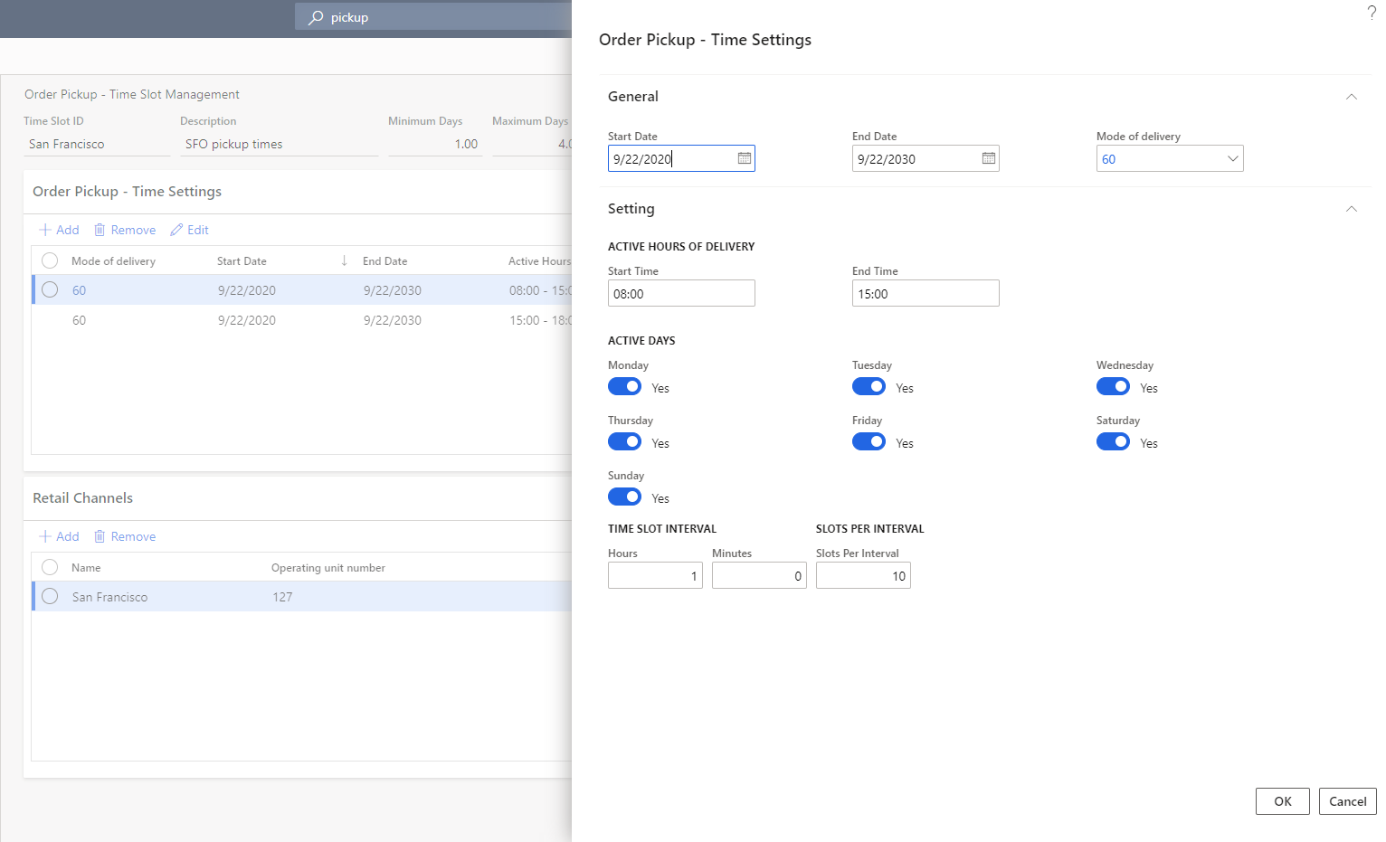 Screenshot of the Order Pickup - Time Settings dialog box.