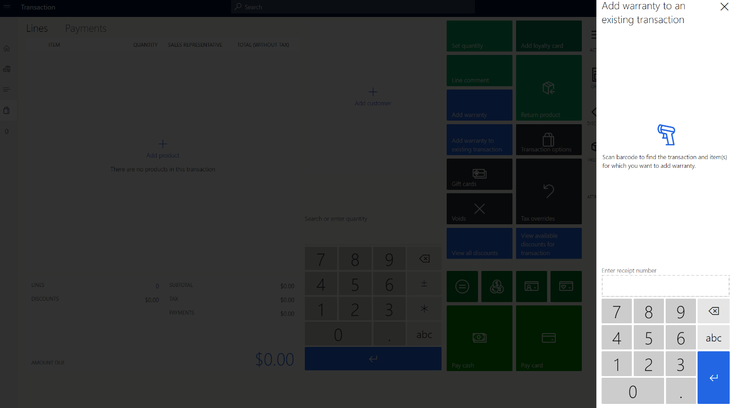 Screenshot of the feature for adding a warranty item for a previously sold warrantable item.