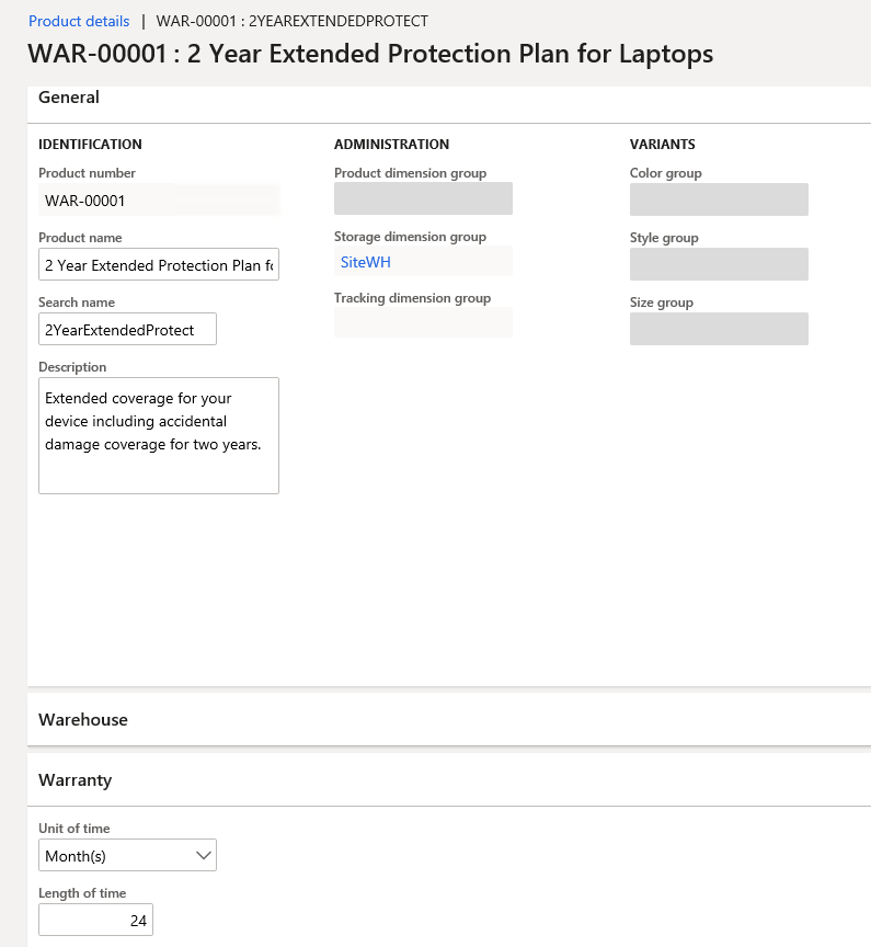 Screenshot of the Product details page for a warranty item.
