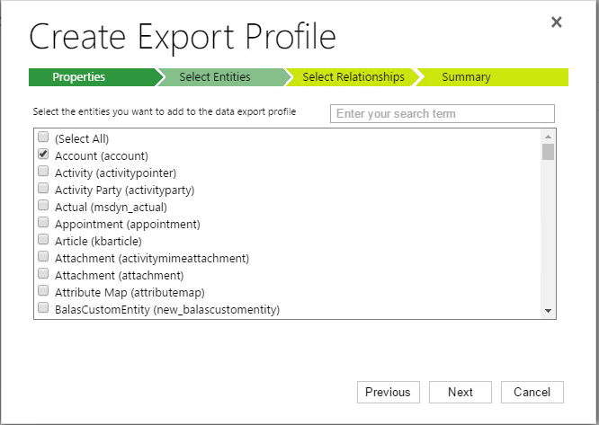 Select Entities tab in Create Export Profile dialog box Select Entities tab in Create Export Profile dialog box.